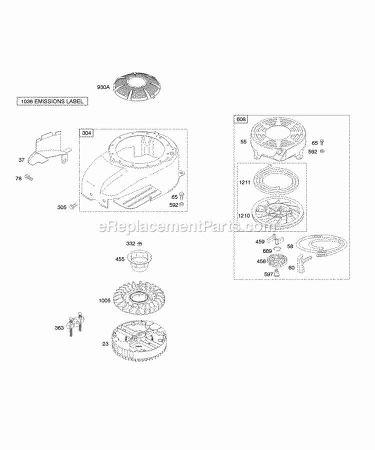 Blower HousingShrouds Flywheel Rewind Starter Diagram and Parts List for 12G612-0110-B1  Briggs and Stratton Engine